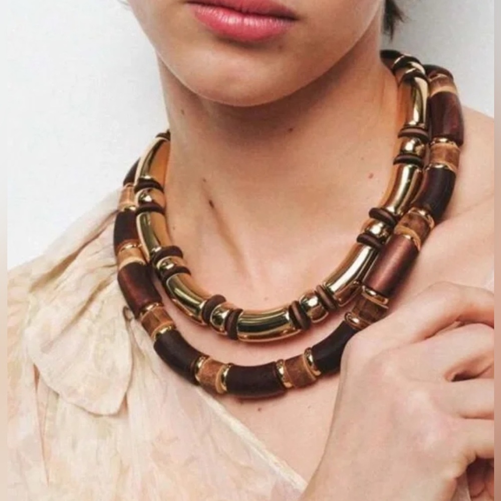 Zara Set Necklace Bracelet Wood Wooden Metal Brown Gold Chunky Bead Bohemian